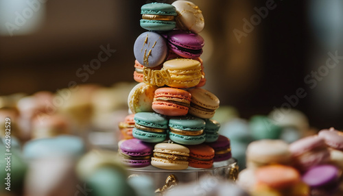 A close up of a gourmet macaroon stack with multi colored variation generated by AI