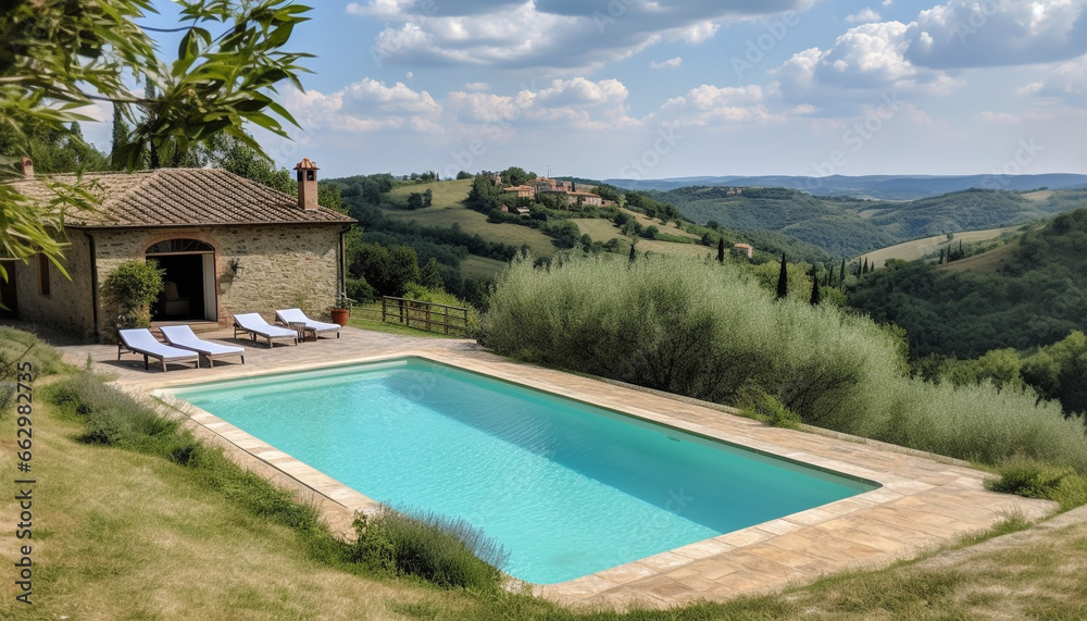 Idyllic rural scene with poolside relaxation in lush green landscape generated by AI