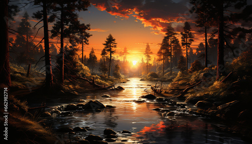 Tranquil scene of a sunset over a forest, reflecting in a pond generated by AI © djvstock