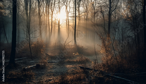 Mysterious autumn forest, spooky beauty in nature, tranquil wilderness backlit generated by AI