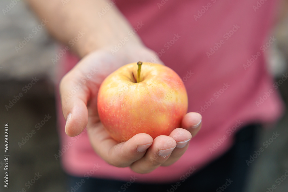 Guy's hand holds an apple, snack and fast food concept. Selective focus on hands with blurred background Guy's hand holds an apple, snack and fast food concept. Selective focus on hands with blurred background