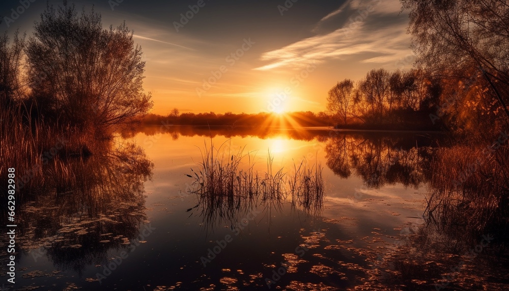 Golden horizon reflects tranquil beauty of nature vibrant colors generated by AI
