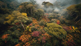 Autumn landscape yellow leaves on tree, fog over mountain range generated by AI