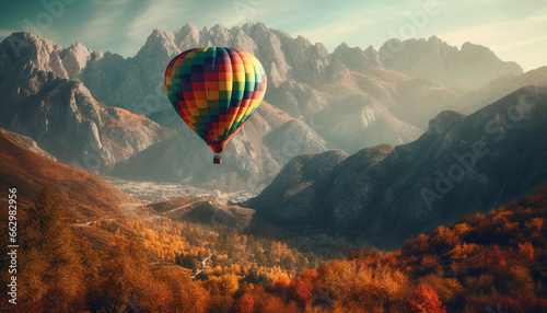 Men flying hot air balloon over mountain range, extreme adventure generated by AI