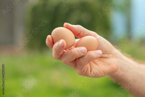 A man's hand holds two eggs. Selective focus on hands with blurred background