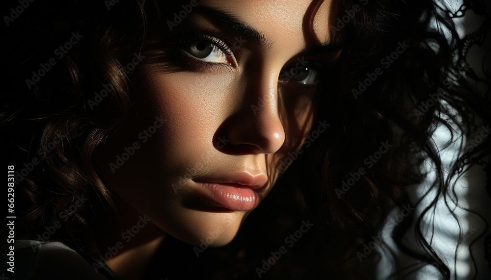 Beautiful woman with long brown hair, looking at camera sensually generated by AI Beautiful woman with long brown hair, looking at camera sensually generated by AI