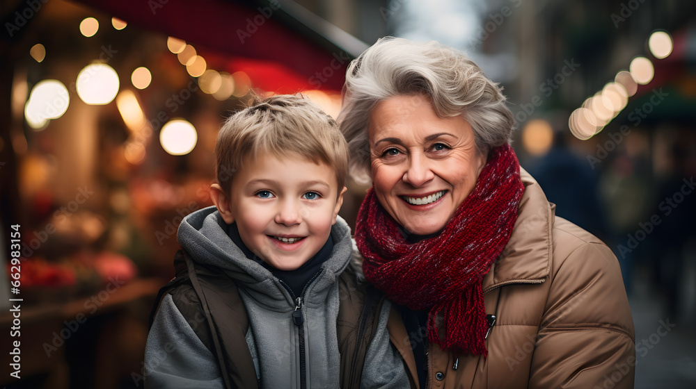Winter Warmth, A Heartwarming Portrait of a Smiling Grandmother and Grandson at the Christmas Market Winter Warmth, A Heartwarming Portrait of a Smiling Grandmother and Grandson at the Christmas Market