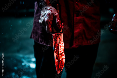 Scary conceptual image of bloody knife in hand.