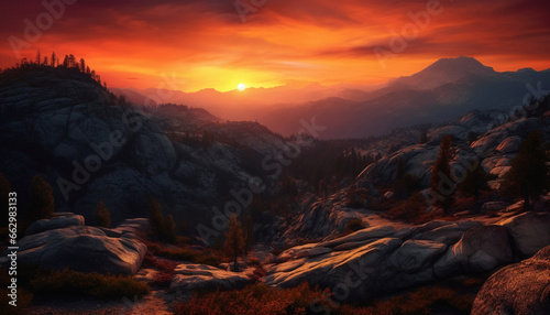 Majestic mountain peak back lit by sunset, a tranquil scene generated by AI