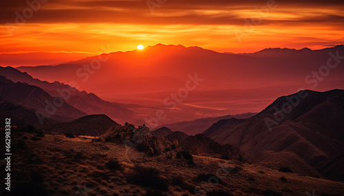 Tranquil sunset silhouettes majestic mountain range in panoramic landscape generated by AI