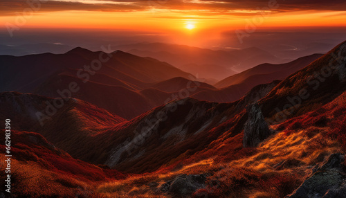 Majestic mountain range, tranquil meadow, panoramic sunset, nature beauty generated by AI © Stockgiu