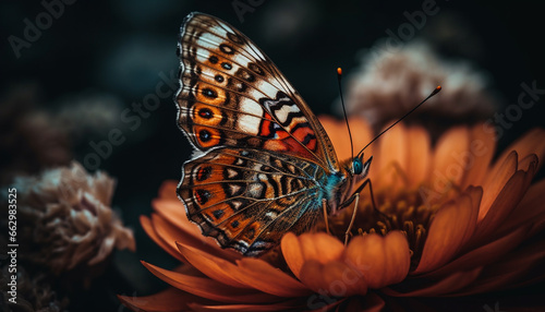 Vibrant butterfly wing in multi colored beauty pollinates yellow flower outdoors generated by AI