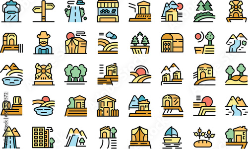 Farm tourism icons set outline vector. Rural home. House family thin line color flat on white