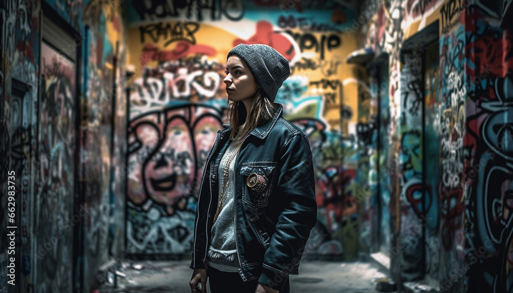 Young adult standing outdoors, looking at camera with cool attitude generated by AI Young adult standing outdoors, looking at camera with cool attitude generated by AI