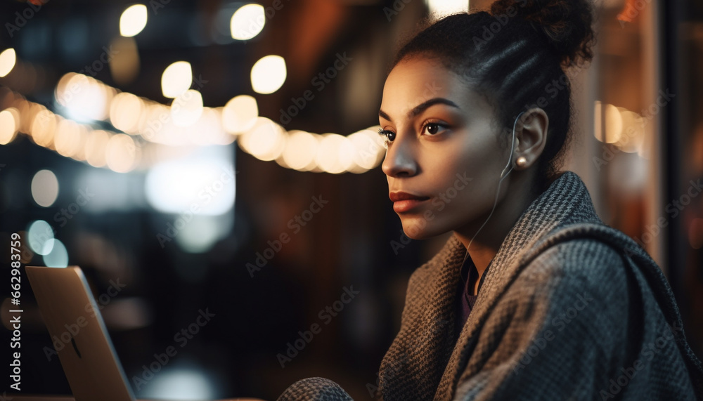 Beautiful young women sitting indoors, illuminated by window, smiling confidently generated by AI