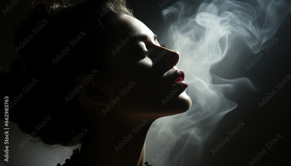 Elegant young woman, beauty in darkness, mysterious silhouette, serene and glamorous generated by AI Elegant young woman, beauty in darkness, mysterious silhouette, serene and glamorous generated by AI