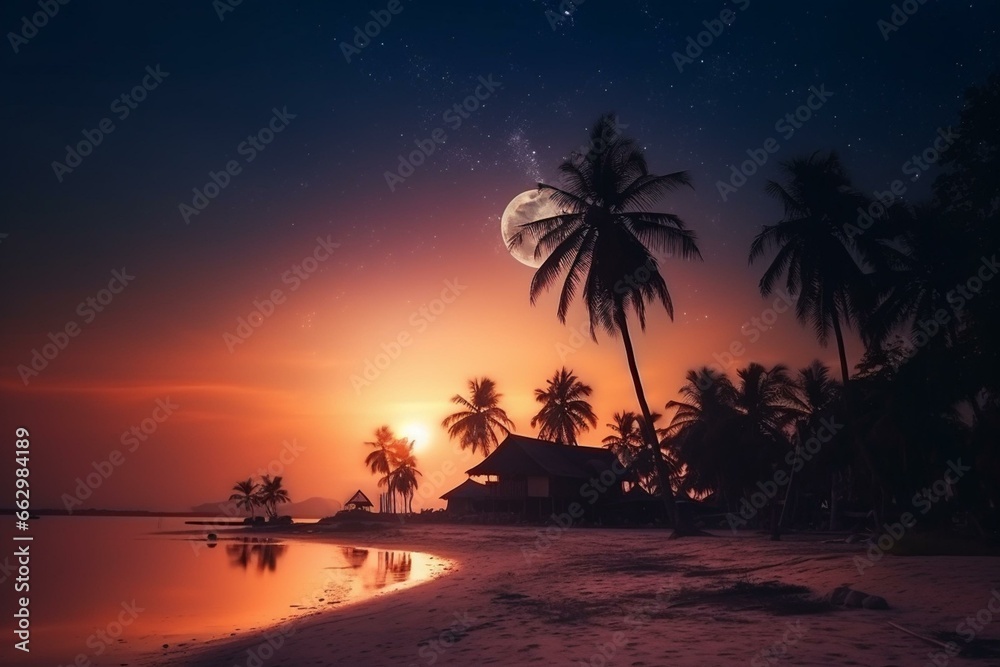 A picturesque sunset with palm trees, beach, starry sky, and full moon. Generative AI