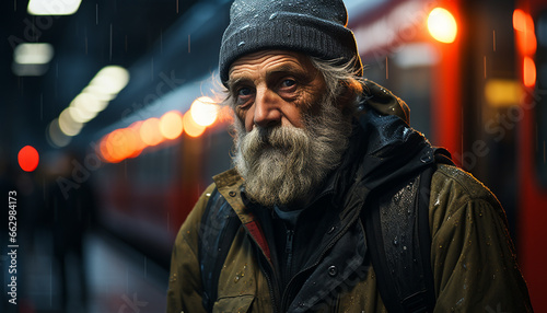 Senior man with gray hair and mustache, confidently looking at camera generated by AI