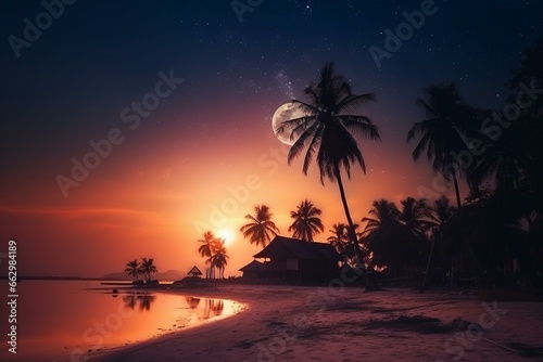 A picturesque sunset with palm trees  beach  starry sky  and full moon. Generative AI