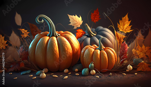 pumpkins with leaves on a wooden table. Garlands. Banner. Generated AI. Edited in Photoshop