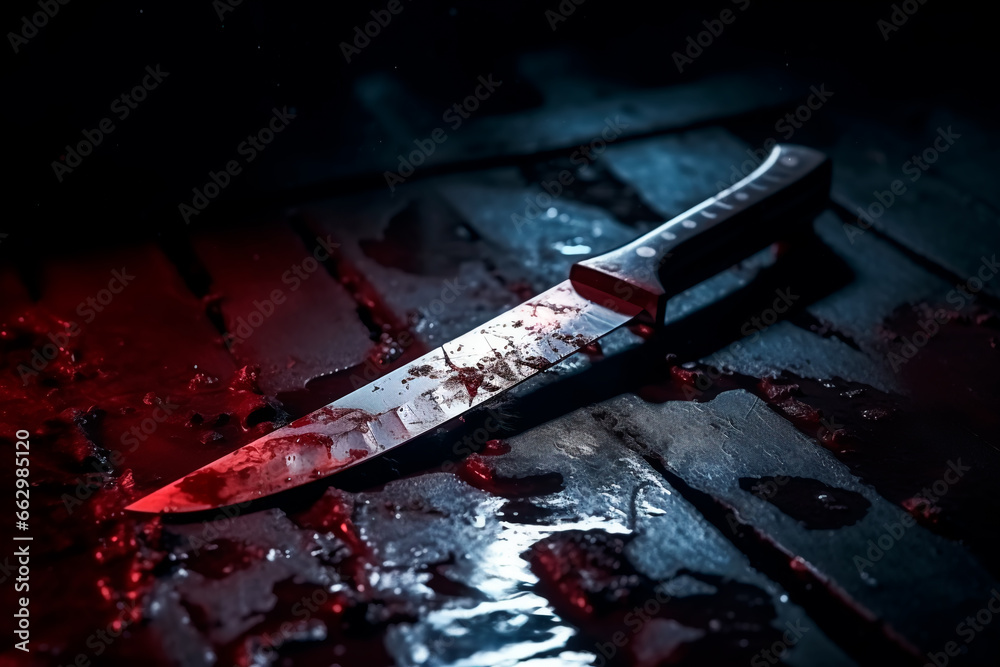 Scary conceptual image of a bloody knife on the table. The concept of committed murder, crime - obrazy, fototapety, plakaty 