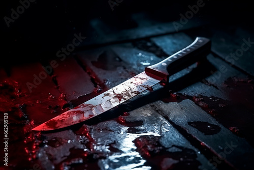 Scary conceptual image of a bloody knife on the table. The concept of committed murder, crime photo