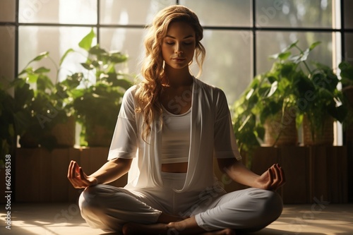 Entspanntes Yoga: Junge Frau in harmonischer Umgebung