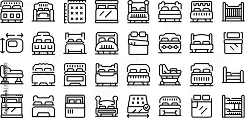 Bed icons set outline vector. Wooden home. Cover room sleep