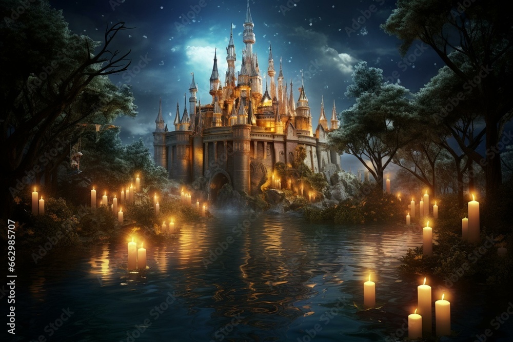 A illuminated castle with floating candles in water and numerous lights on the ground, surrounded by trees. Generative AI