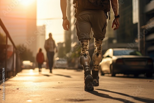 Person on prosthetic limbs, rehabilitation, body part replacement, artificial motion support, medical care, transplant, crutches, happy living, back on your feet again photo