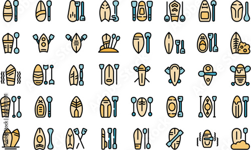 Paddle board icons set outline vector. Sup board water. Beach activity thin line color flat on white