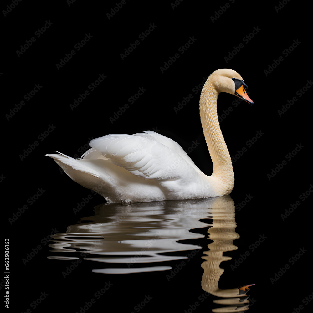 Naklejka premium Swan with its reflection and a black background. Generative ai. 
