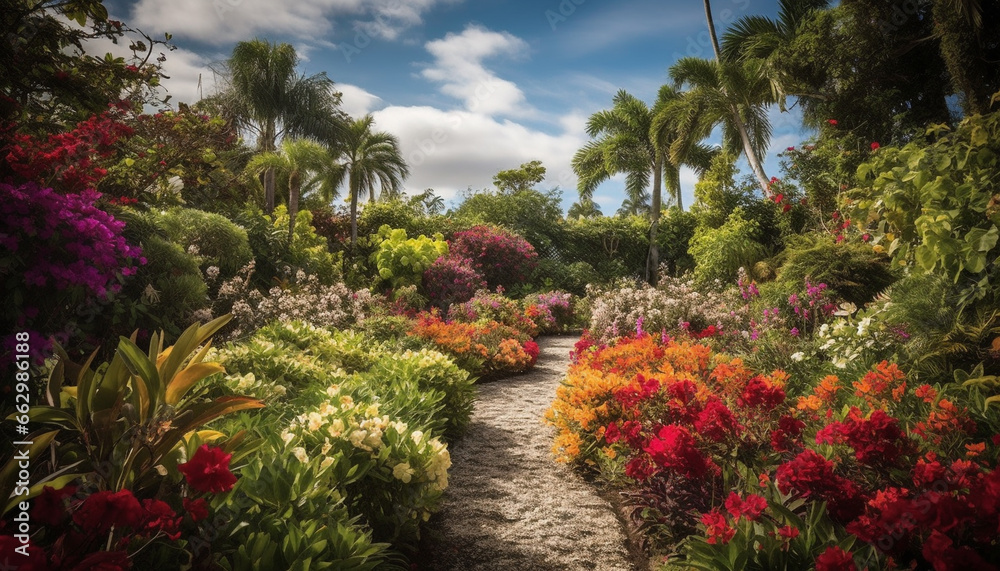 Idyllic tropical garden showcases multi colored blossoms and lush green foliage generated by AI
