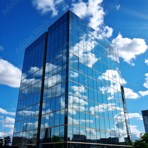 Glass office building with clouds and the blue sky reflecting on it. Generative ai. 