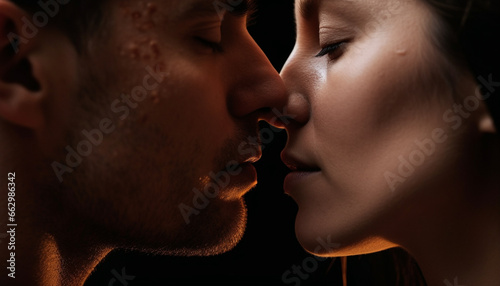 Passionate young couple embrace in a sensual, affectionate kiss indoors generated by AI