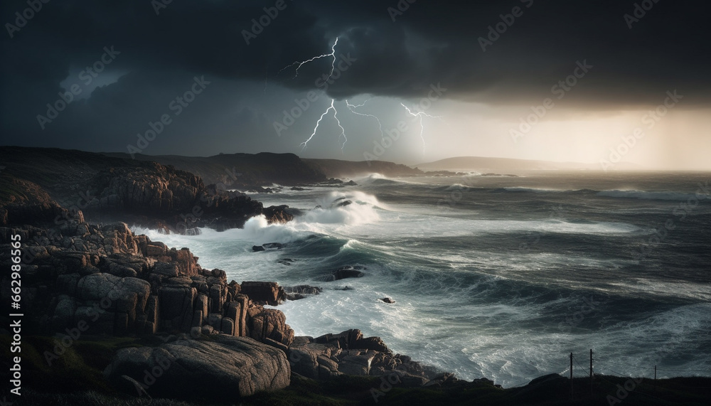 Obraz premium Dramatic sky breaks over majestic coastline, danger lurks in hurricane generated by AI