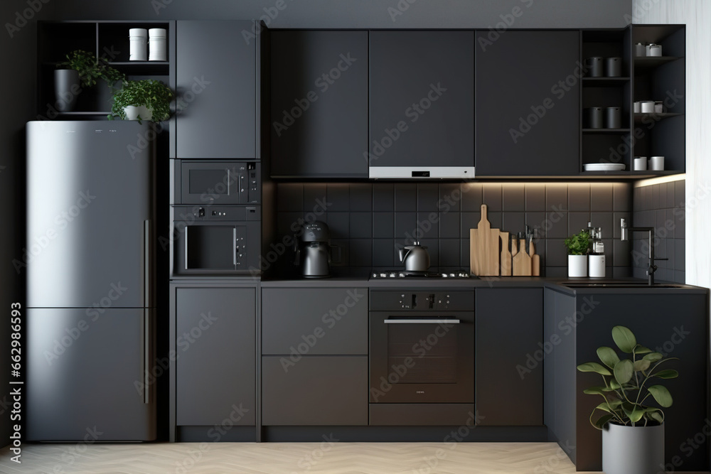 Obraz na płótnie dark gray industrial kitchen cabinet design. Generative AI w salonie