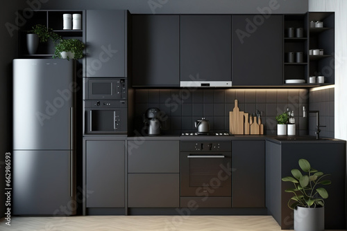 dark gray industrial kitchen cabinet design. Generative AI