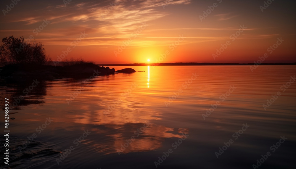 Golden sun sets over tranquil waters, reflecting vibrant autumn beauty generated by AI