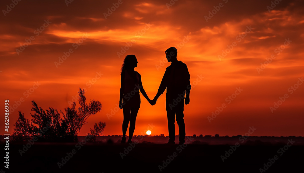 Romantic couple embraces in tranquil sunset, surrounded by nature beauty generated by AI