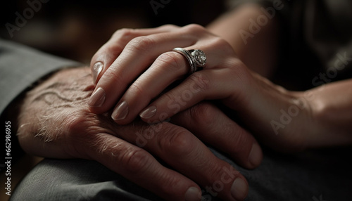 Newlywed couple holding hands, showing off wedding rings with love generated by AI photo