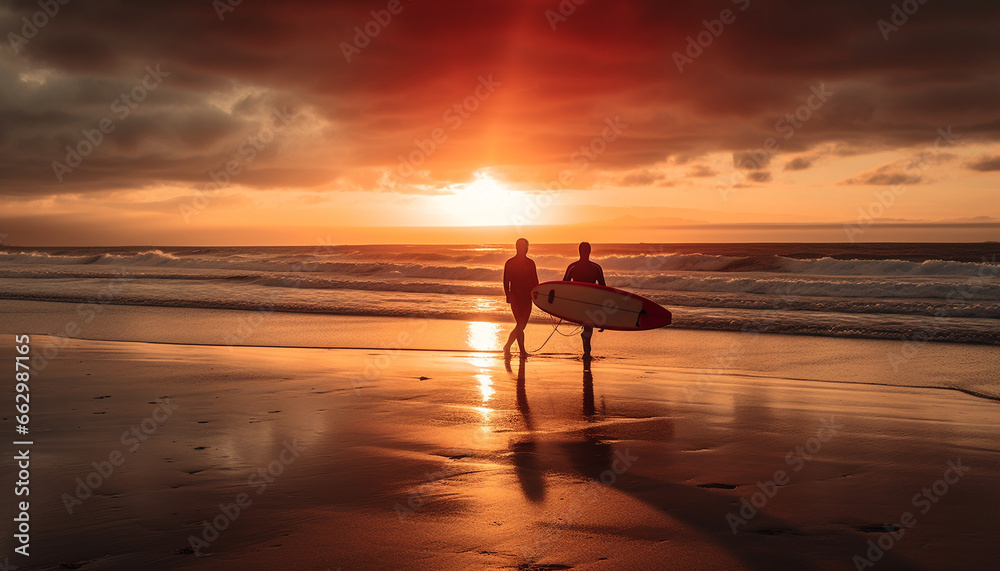 Two men holding surfboards enjoy the tranquil sunset reflection on water generated by AI Two men holding surfboards enjoy the tranquil sunset reflection on water generated by AI