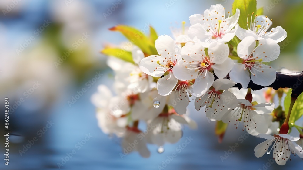 Beautiful blurred background with pink cherry blossoms on branches, with copy space