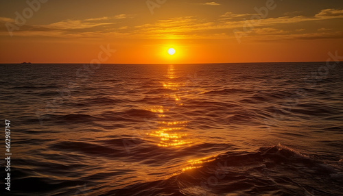 Vibrant sunset over tranquil waters  horizon ablaze with orange and yellow generated by AI