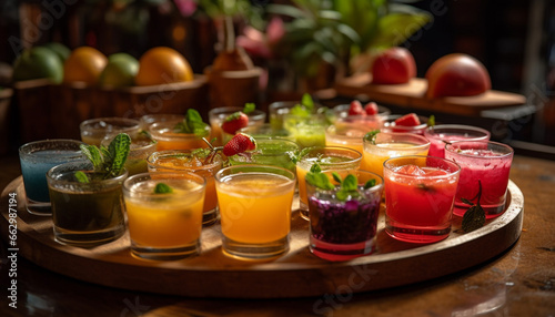 Fresh fruit cocktail on wooden table, perfect summer refreshment drink generated by AI