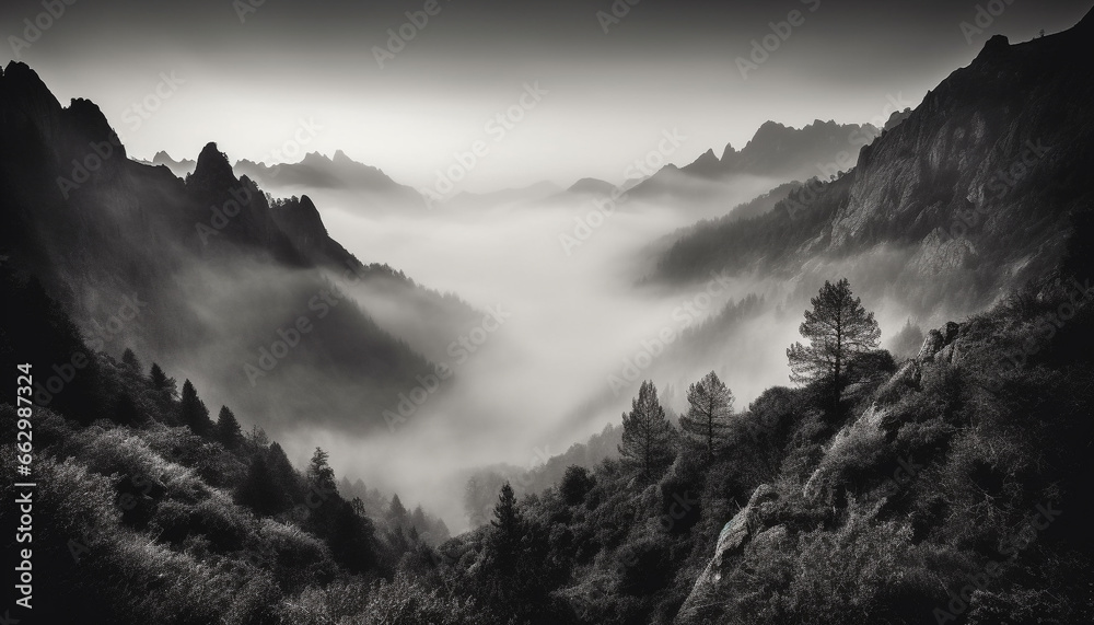 Obraz premium Majestic mountain range in black and white, a tranquil scene generated by AI