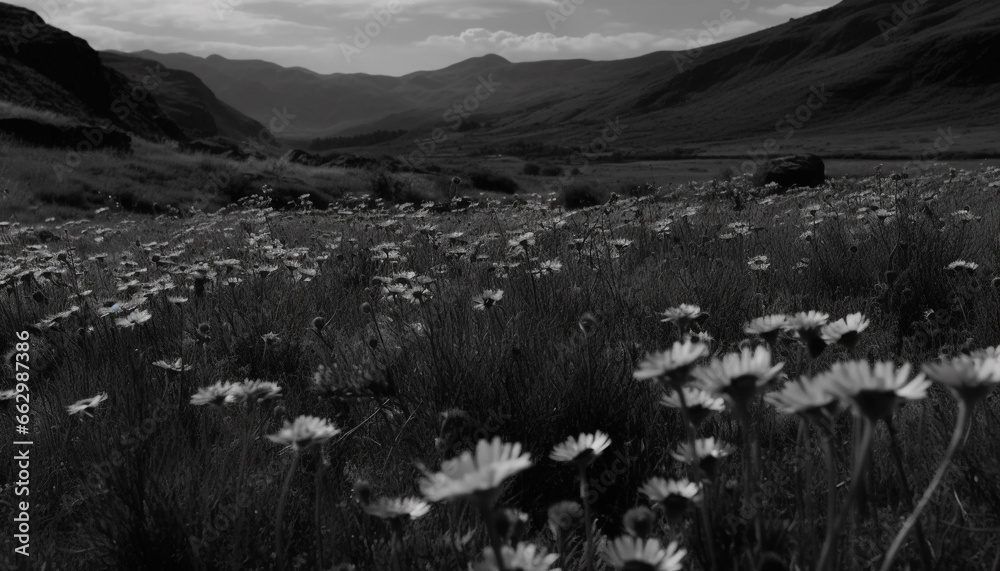Fototapeta premium Tranquil scene of a remote mountain peak, surrounded by wildflowers generated by AI