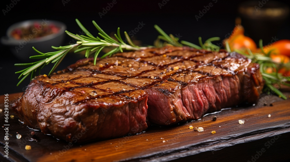 beef steak with spices and herbs on wooden board