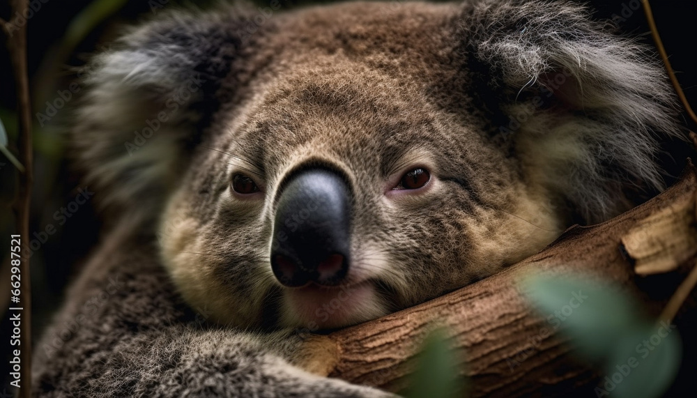 Obraz premium Sleeping koala on eucalyptus branch, cute marsupial in nature generated by AI