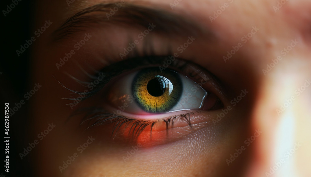 Fototapeta premium One woman staring at camera, close up of green eyed iris generated by AI